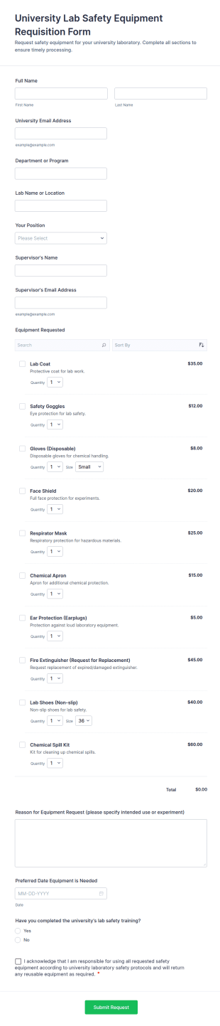 University Lab Safety Equipment Requisition Form Template