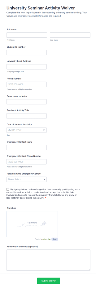 University Seminar Activity Waiver Form Template