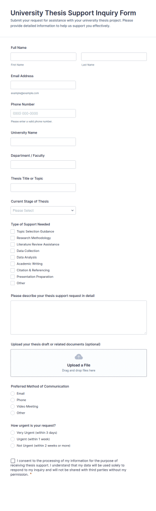 University Thesis Support Inquiry Form Template