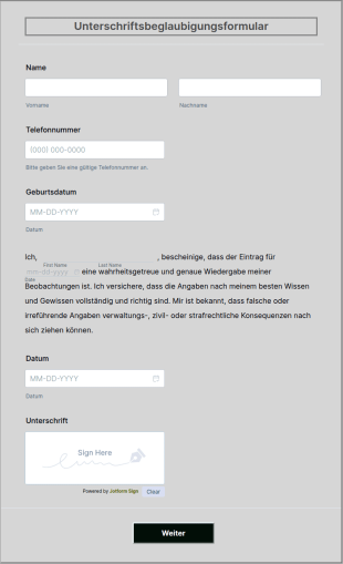 Unterschriftsbeglaubigungsformular