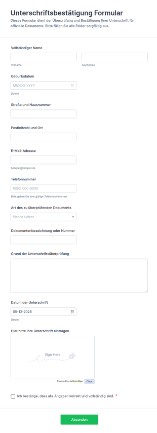 Unterschriftsbestätigung Formular
