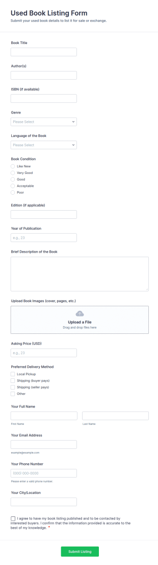 Used Book Listing Form Template