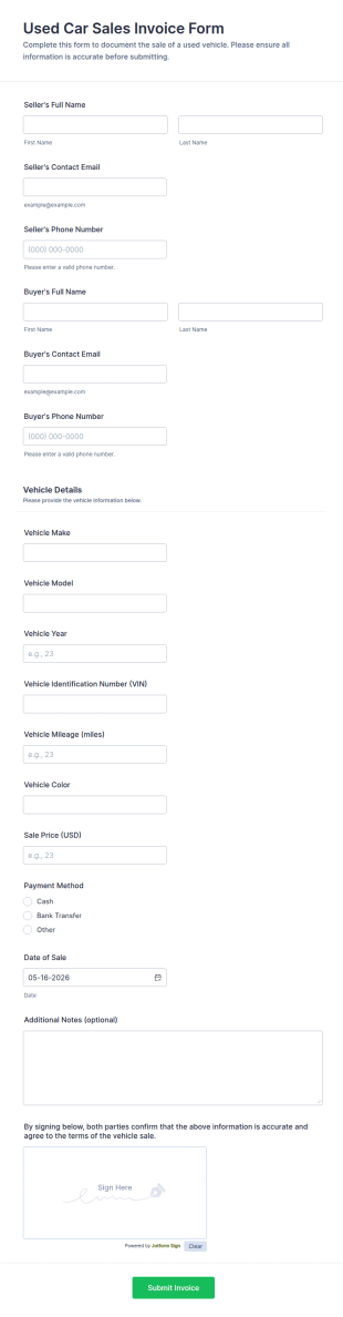 Used Car Sales Invoice Form Template