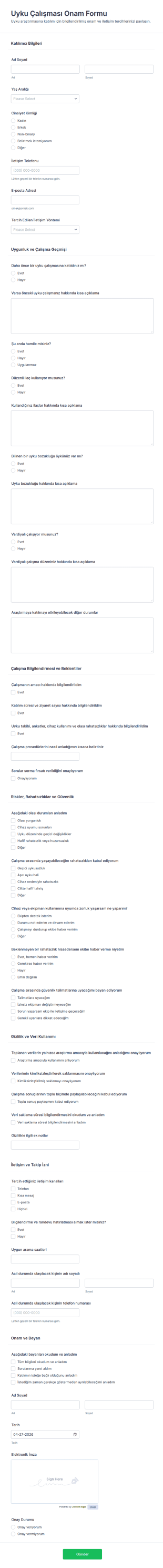 Uyku Çalışması Onam Form Şablonu