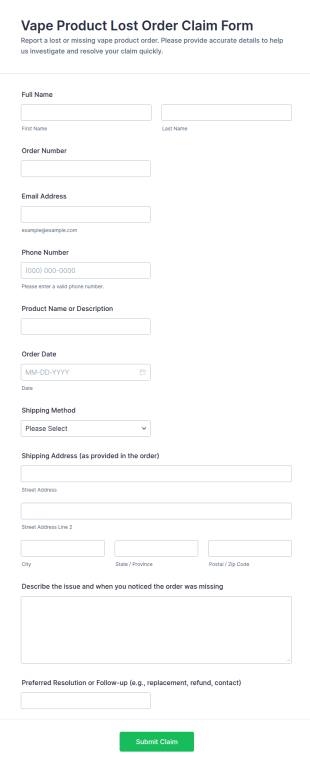 Vape Product Lost Order Claim Form Template