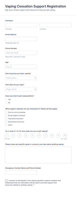 Vaping Cessation Support Registration Form Template