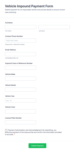 Vehicle Impound Payment Form Template