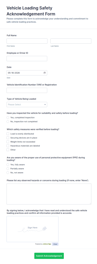 Vehicle Loading Safety Acknowledgement Form Template