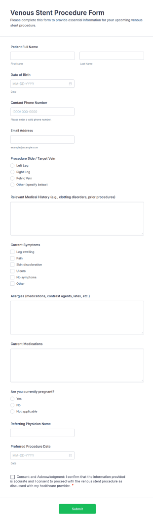 Venous Stent Procedure Form Template