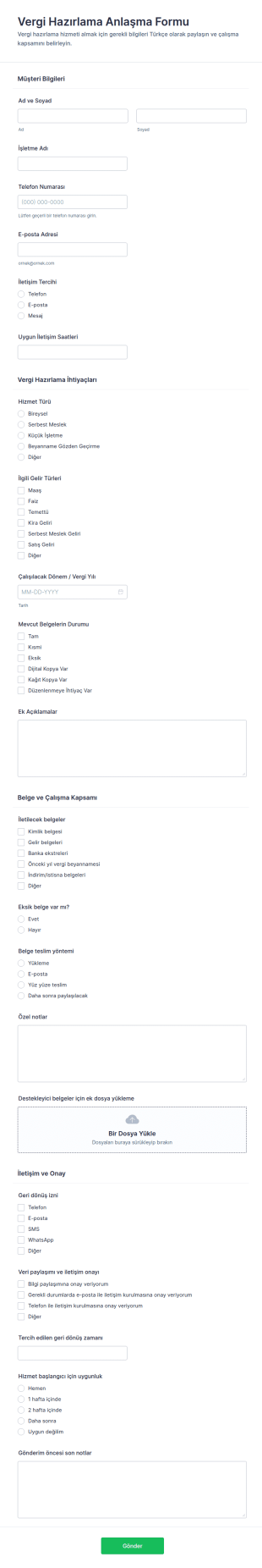 Vergi Beyanatı Sözleşme Form Şablonu