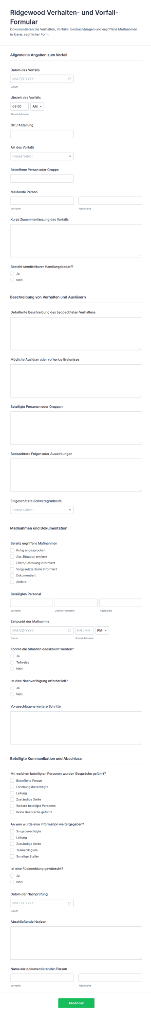 Verhaltens Und Vorfallbericht Formular