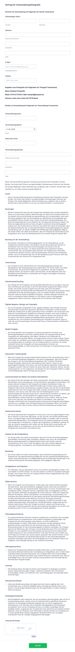 Vertrag Für Veranstaltungsfotografie