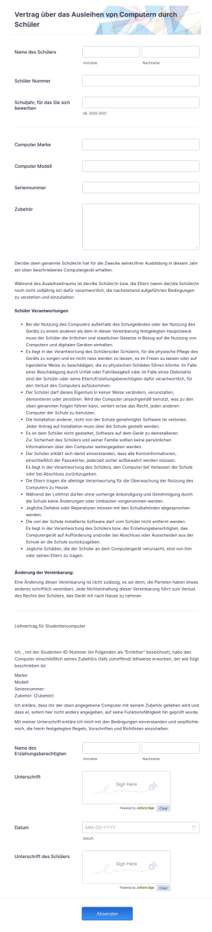 Vertrag über Das Ausleihen Von Computern Durch Schüler