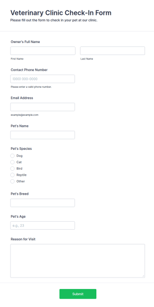 Veterinary Clinic Check In Form Template