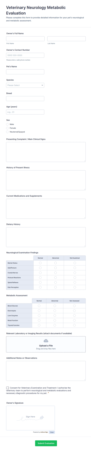 Veterinary Neurology Metabolic Evaluation Form Template