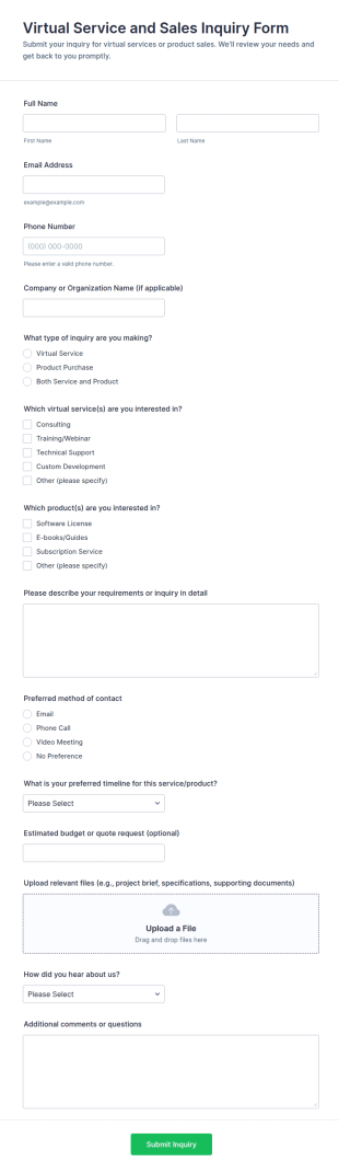 Virtual Service And Sales Inquiry Form Template
