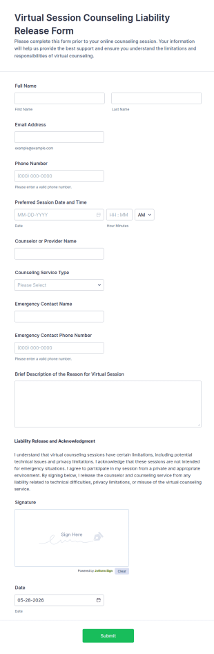 Virtual Session Counseling Liability Release Form Template