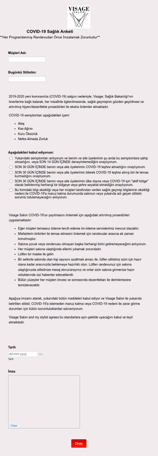 VISAGE SALON MÜŞTERİ COVID 19 Sorumluluk Feragat Form Şablonu