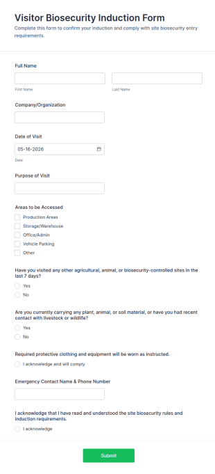 Visitor Biosecurity Induction Form Template