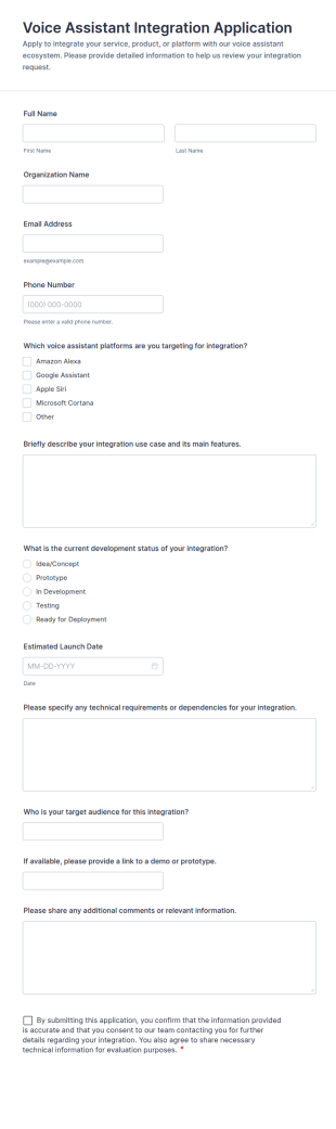 Voice Assistant Integration Application Form Template