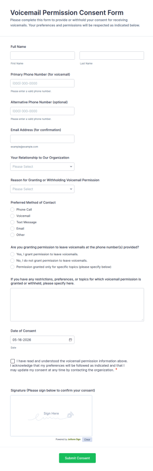 Voicemail Permission Consent Form Template