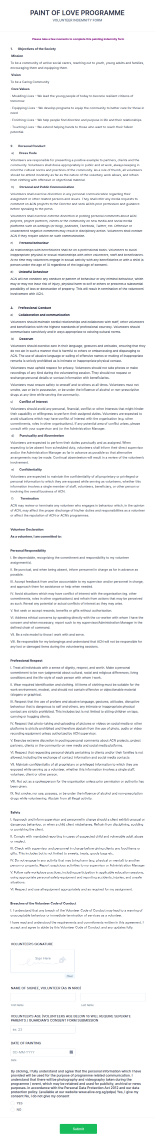 Volunteer Code Of Conduct Form (Volunteer's Acknowledgement)