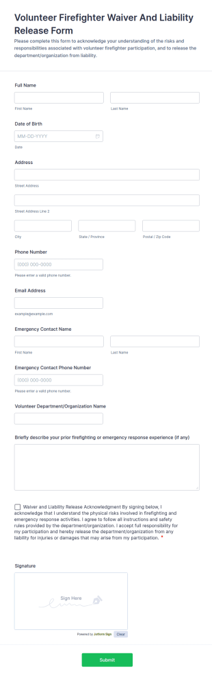 Volunteer Firefighter Waiver And Liability Release Form Template