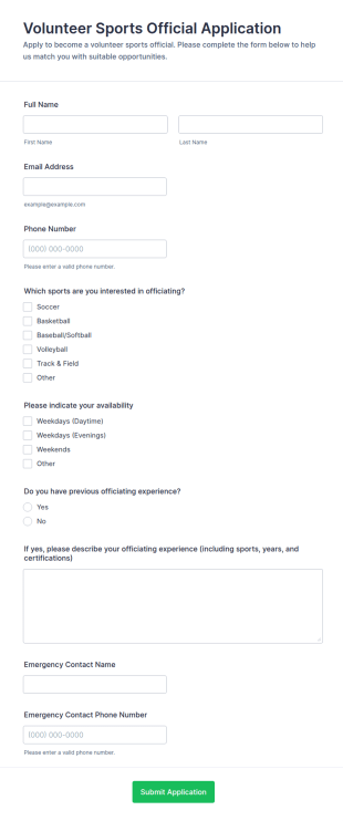 Volunteer Sports Official Application Form Template
