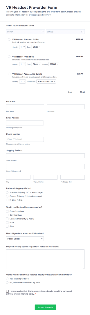 VR Headset Pre Order Form Template