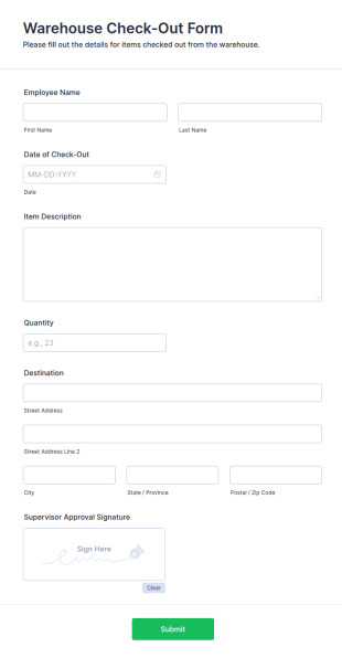 Warehouse Check Out Form Template