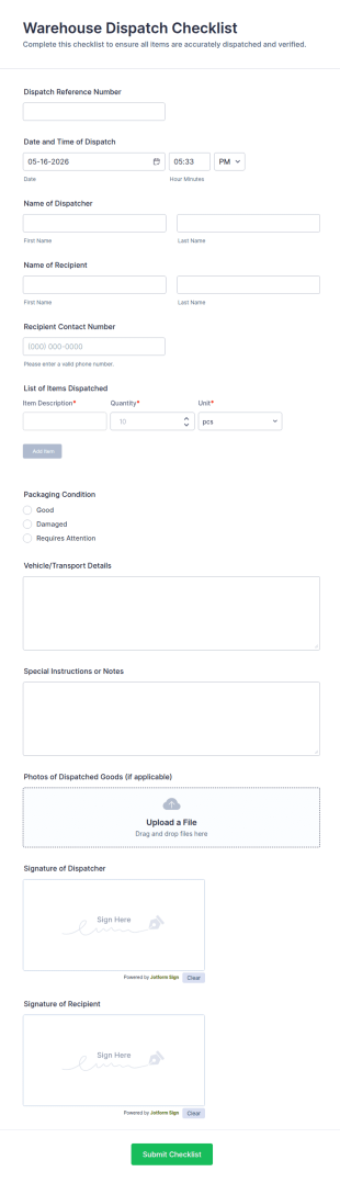 Warehouse Dispatch Checklist Form Template