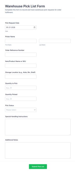 Warehouse Pick List Form Template