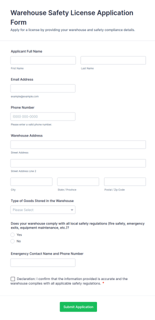 Warehouse Safety License Application Form Template