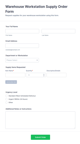 Warehouse Workstation Supply Order Form Template