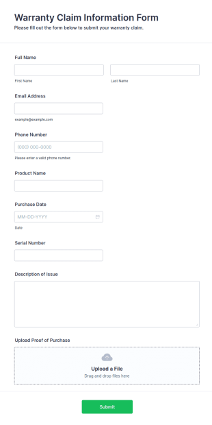 Warranty Claim Information Form Template