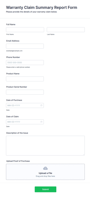 Warranty Claim Summary Report Form Template