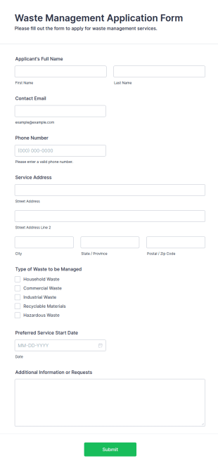 Waste Management Application Form Template