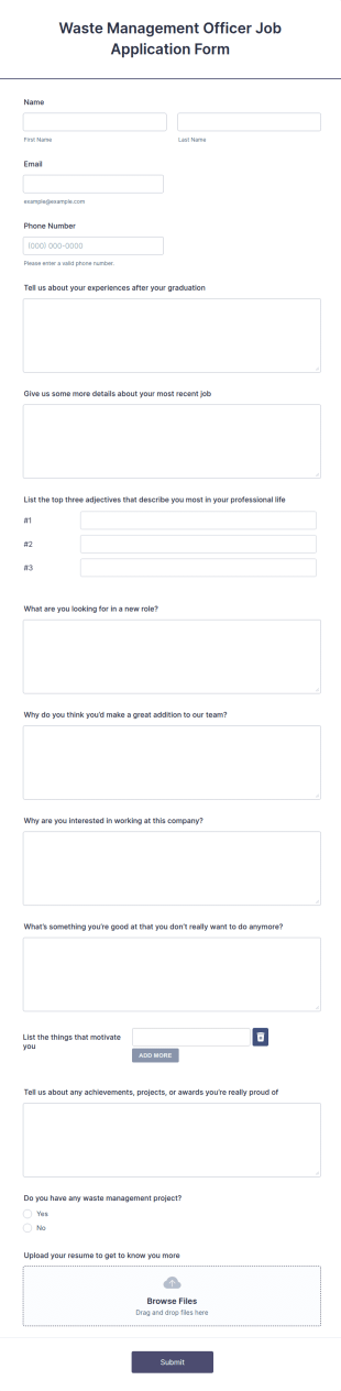 Waste Management Officer Job Application Form Template