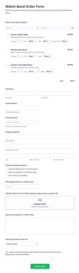 Watch Band Order Form Template
