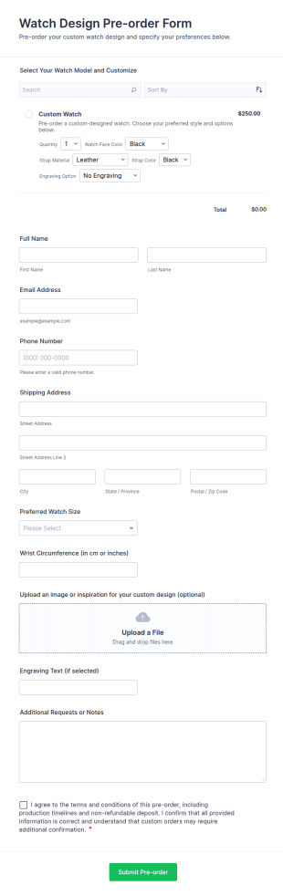 Watch Design Pre Order Form Template