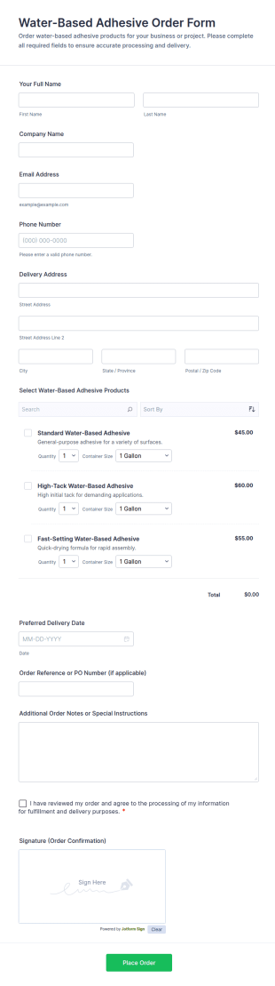 Water Based Adhesive Order Form Template