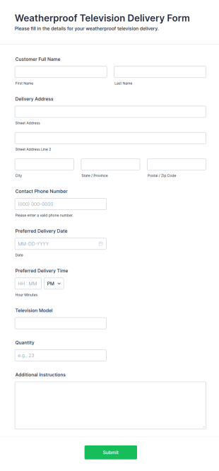 Weatherproof Television Delivery Form Template