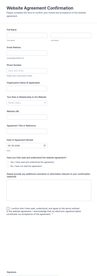 Website Agreement Confirmation Form Template