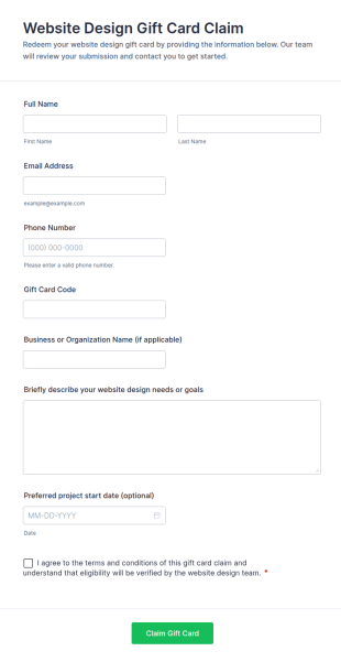 Website Design Gift Card Claim Form Template
