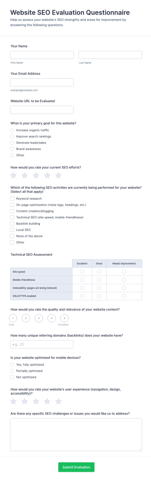 Website SEO Evaluation Questionnaire Form Template