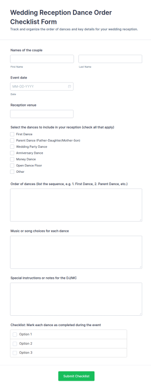 Wedding Reception Dance Order Checklist Form Template