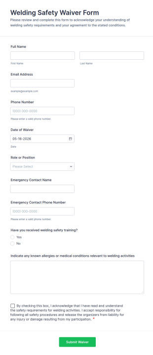 Welding Safety Waiver Form Template