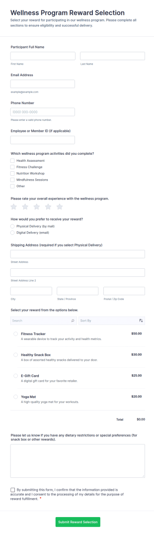 Wellness Program Reward Selection Form Template