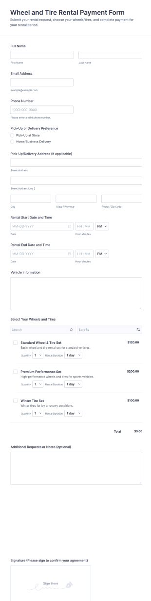 Wheel And Tire Rental Payment Form Template