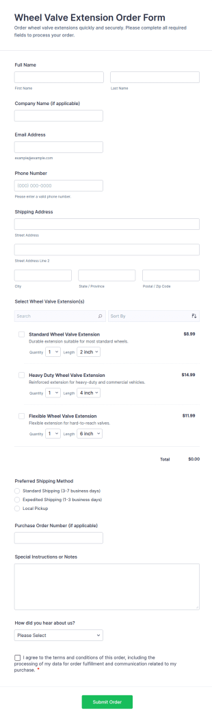 Wheel Valve Extension Order Form Template